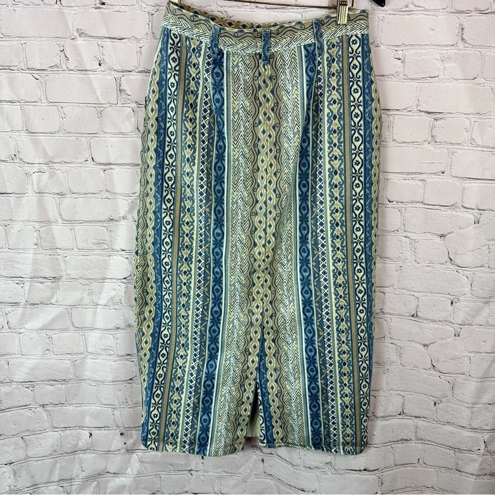 vtg western boho denim Midi pencil straight Skirt womens M cowgirl rodeo stripes
